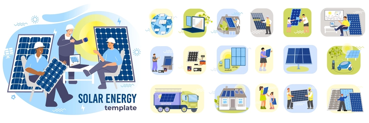 Set of isolated solar energy flat compositions with characters of installation workers icons of electric panels vector illustration