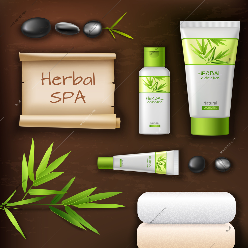 Natural herbal spa cosmetic realistic packages set with stones and towels vector illustration