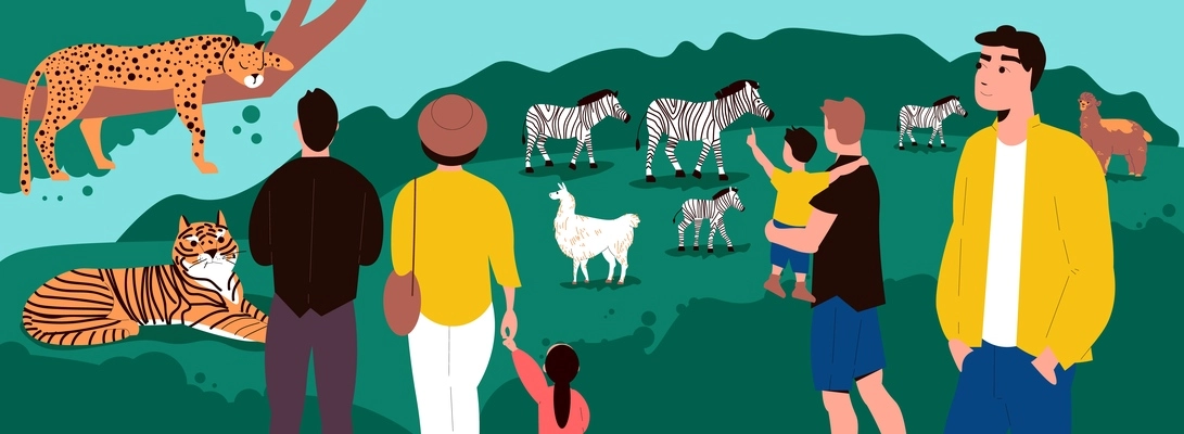 Zoo background with wild animals and family visitors flat vector illustration