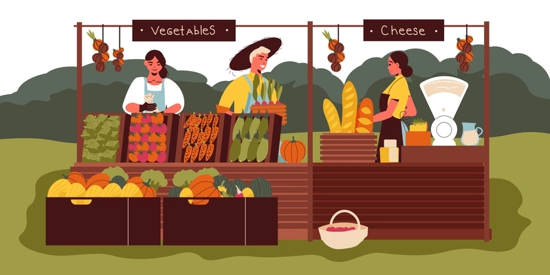 Farm market background with fruit vegetables and bread vector illustration