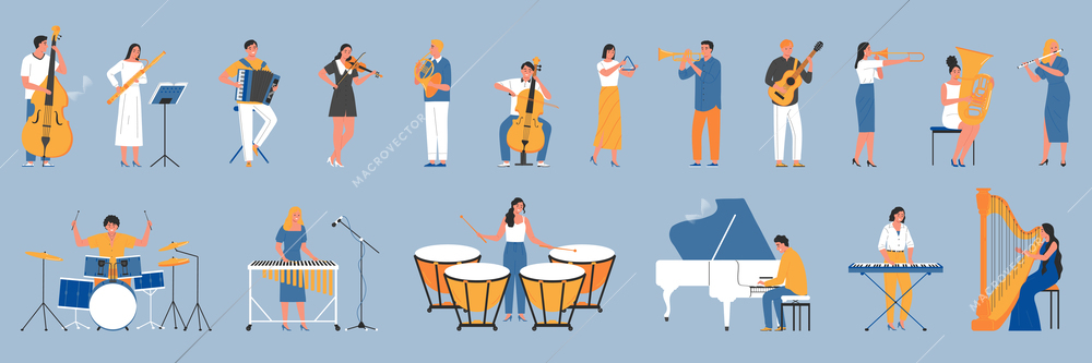 Musician color set with isolated icons of acoustic musical instruments and human characters of professional performers vector illustration