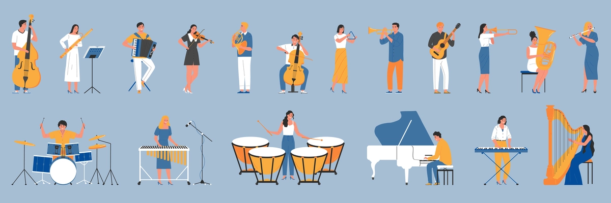 Musician color set with isolated icons of acoustic musical instruments and human characters of professional performers vector illustration