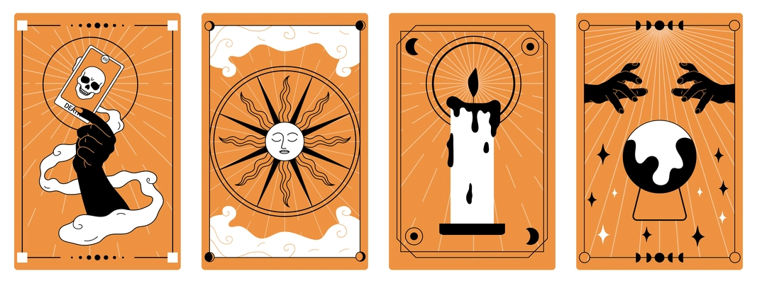 Mystic poster collection in boho style with sun candle death symbols on orange background isolated flat vector illustration