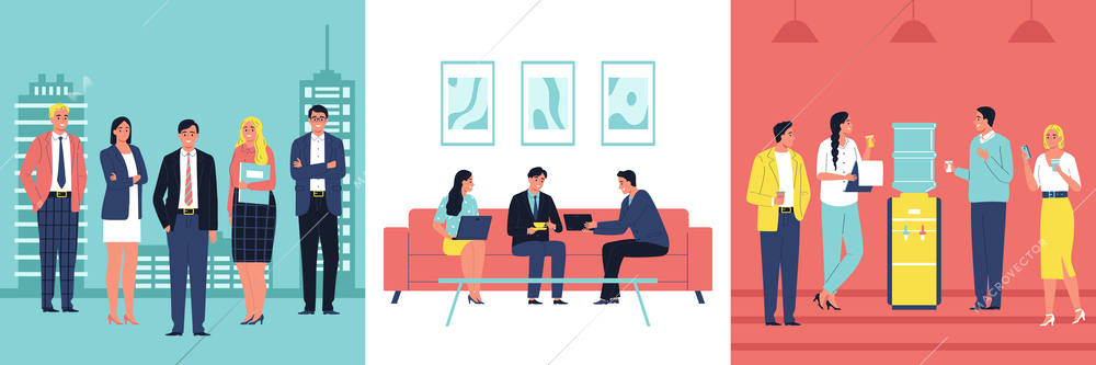 Business design concept with three square compositions of coworkers at meeting coffee break and cityscape background vector illustration