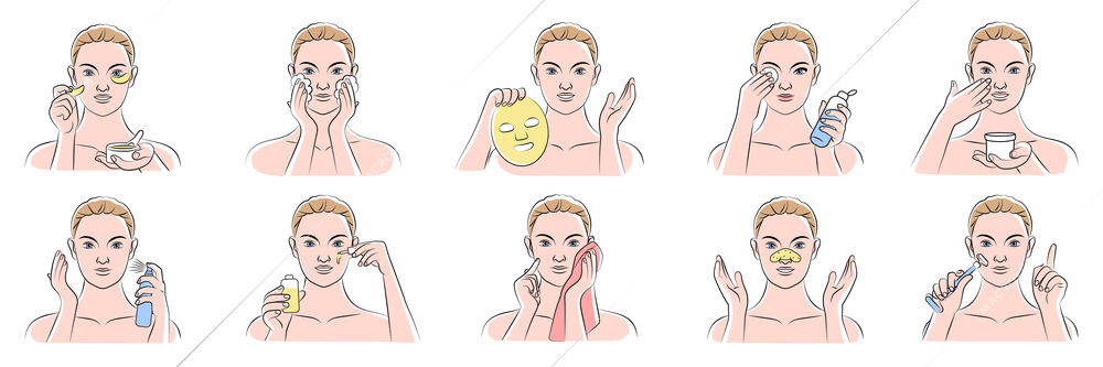 Skin care routine set of peeling lifting mask massage nutrition cosmetic anti aging procedures flat vector illustration