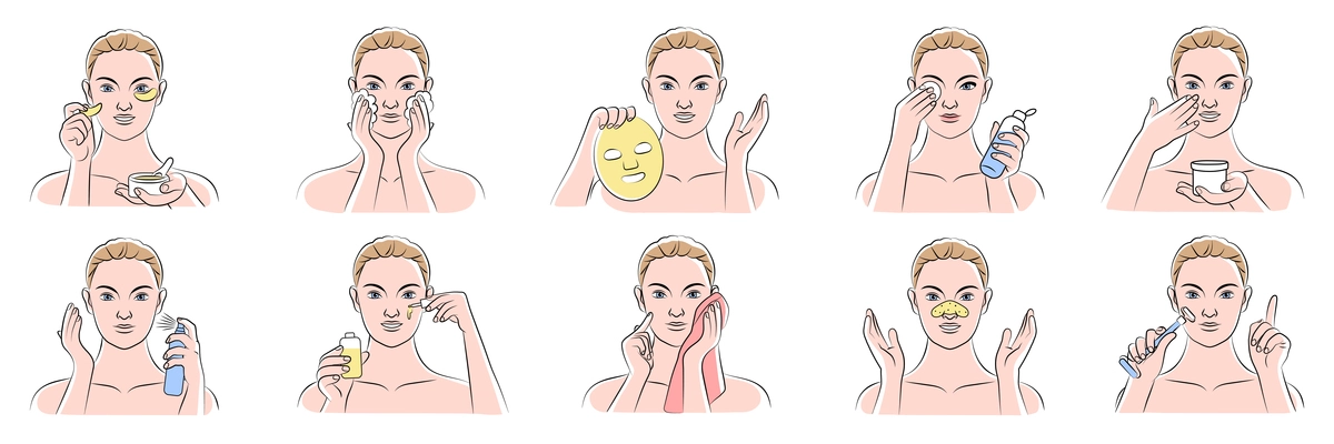 Skin care routine set of peeling lifting mask massage nutrition cosmetic anti aging procedures flat vector illustration