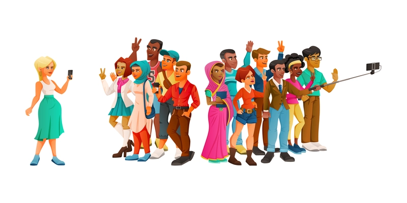 Cartoon characters diversity composition with groups of people waving hands taking photos together with selfie stick vector illustration