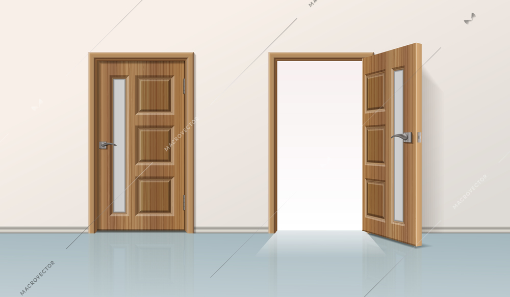 Door realistic composition with view of solid room wall with similar wooden doors closed and open vector illustration