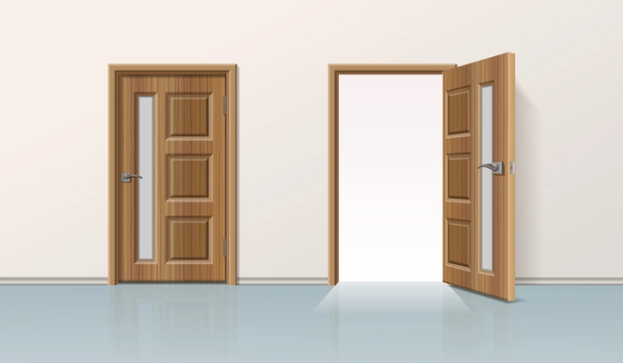 Door realistic composition with view of solid room wall with similar wooden doors closed and open vector illustration