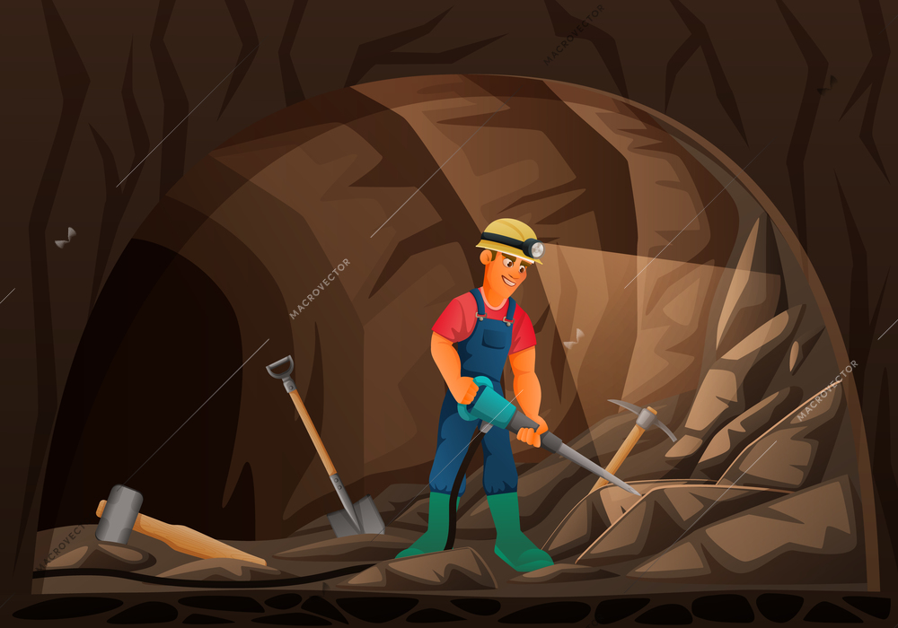 Mining miner cartoon composition with underground scenery and male worker with gump light holding air hammer vector illustration