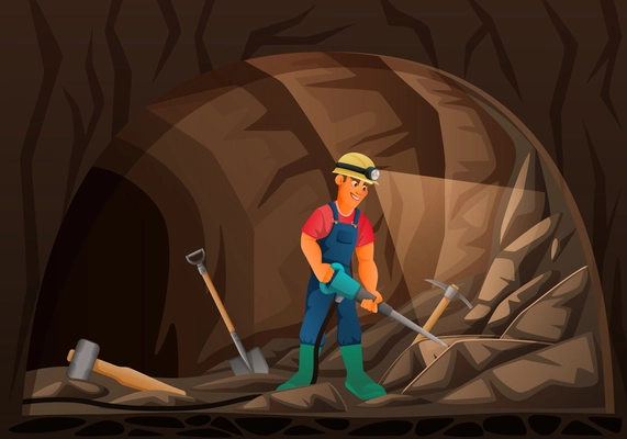 Mining miner cartoon composition with underground scenery and male worker with gump light holding air hammer vector illustration