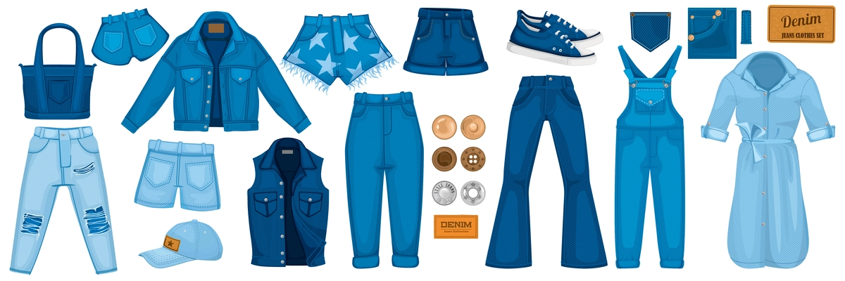 Set with isolated icons of jeans denim pieces of clothing with cut offs bag and buttons vector illustration