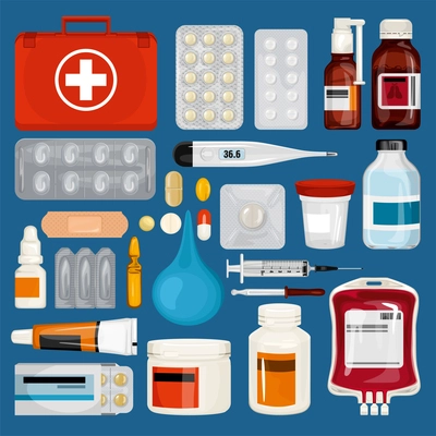 Healthcare medications set with isolated icons of pill packs syrups aerosol aid box and blood dripper vector illustration