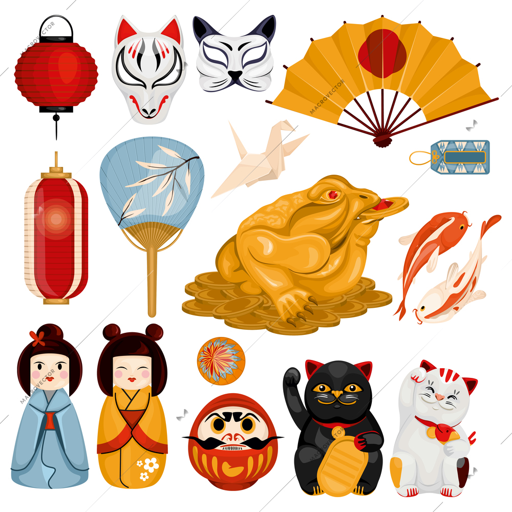 Japanese asian national cultural fortune symbols set with isolated images of dolls masks and hanging lanterns vector illustration
