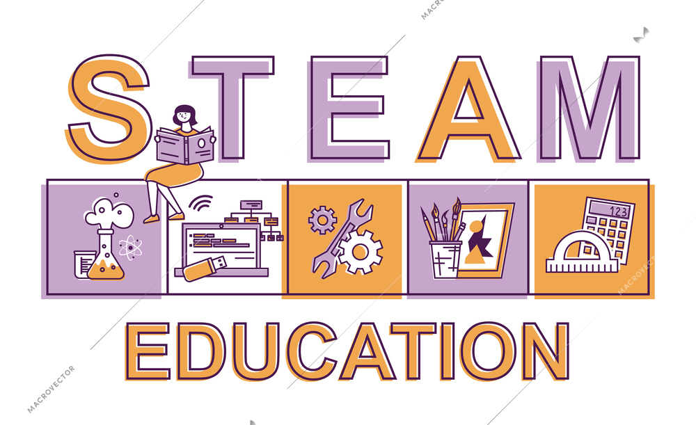 School education stem composition with editable text and square compositions of educational tools materials and gadgets vector illustration