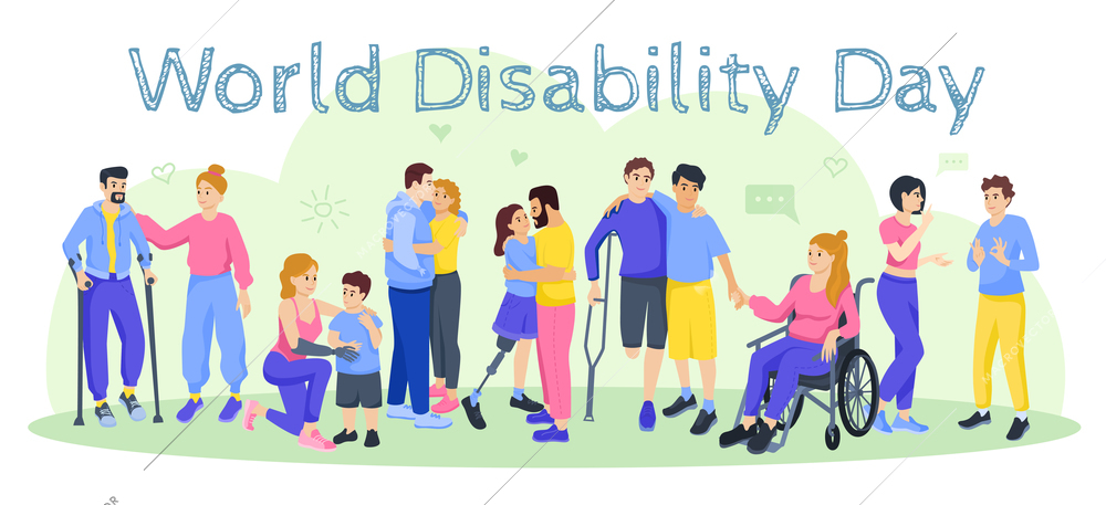 Disability day people lifestyle flat composition with text chat bubbles and characters of persons with disabilties vector illustration