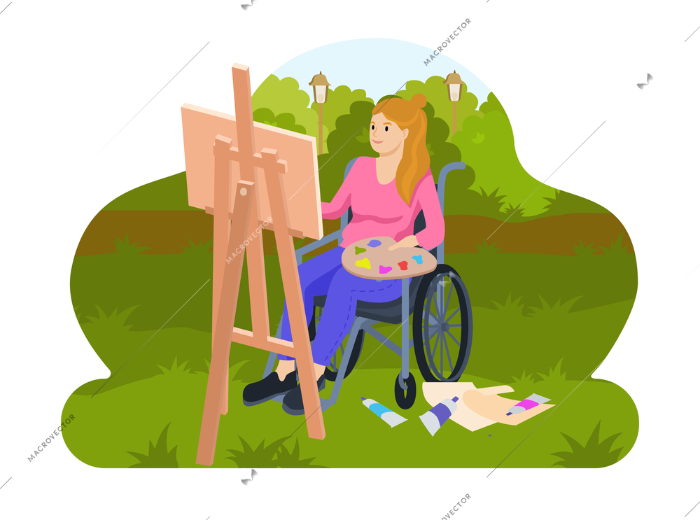 Disable people lifestyle flat composition with view of city park with female painter drawing in wheelchair vector illustration