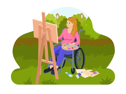 Disable people lifestyle flat composition with view of city park with female painter drawing in wheelchair vector illustration