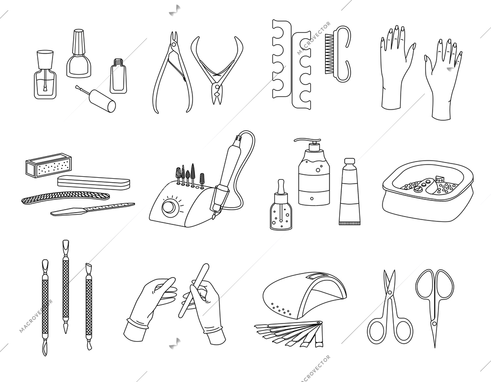Manicure flat line set of isolated icons with outline images of cosmetic products tools and hands vector illustration