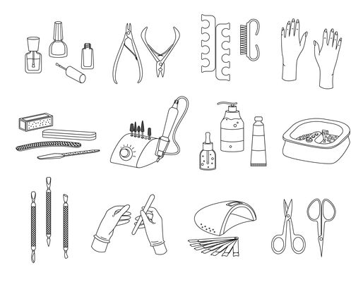 Manicure flat line set of isolated icons with outline images of cosmetic products tools and hands vector illustration