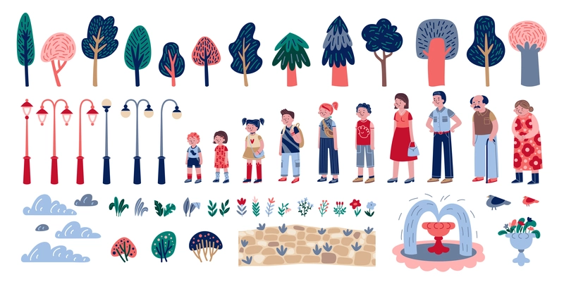 People landscape element set with isolated icons of trees lamp posts flowers and doodle human characters vector illustration
