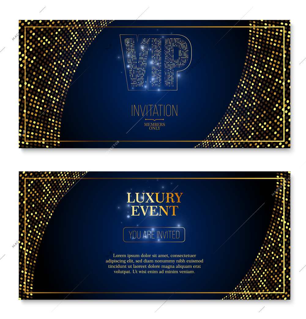 Set of two isolated vip party premium banners with dark blue background golden dots and text vector illustration