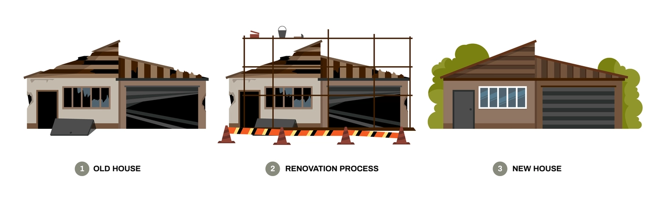 Reconstruction building composition with set of images with same house at different stages of renovation cycle vector illustration