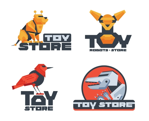 Robot toy animal logo set with isolated compositions of cyberpunk text bird and pet shaped droids vector illustration