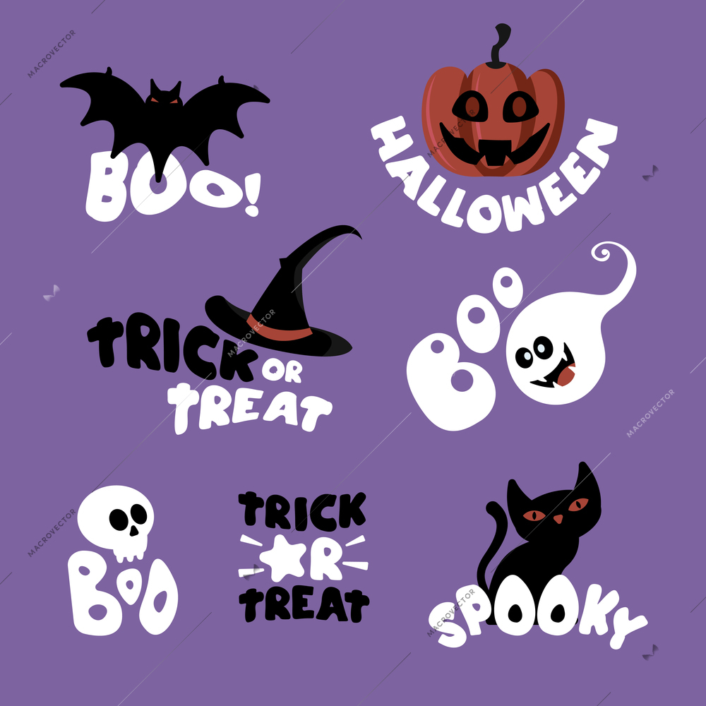 Set of isolated ghost halloween logo lettering icons with text and images of rat and hat vector illustration