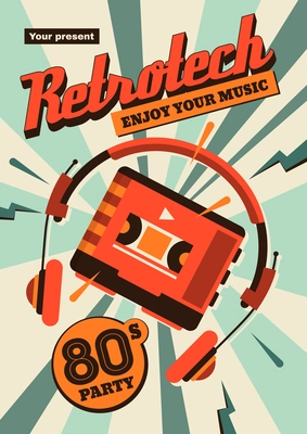 Retro technology vertical poster with colored images of cassette and headphones with vintage 80s ornate text vector illustration