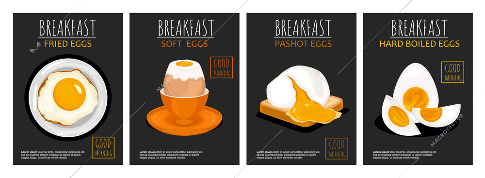 Egg posters set with four vertical compositions of fried pashot and hard boiled eggs with text vector illustration