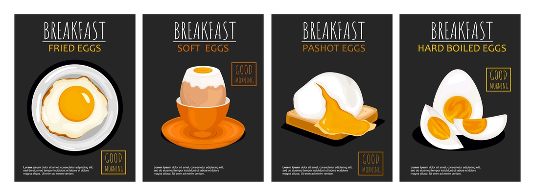 Egg posters set with four vertical compositions of fried pashot and hard boiled eggs with text vector illustration