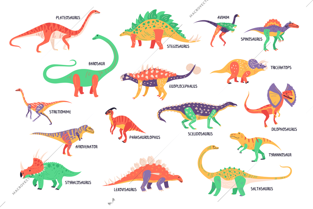 Dinosaurs set of isolated colorful icons of dinos with tails wings horns and editable text captions vector illustration