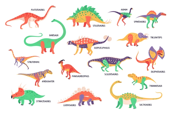 Dinosaurs set of isolated colorful icons of dinos with tails wings horns and editable text captions vector illustration