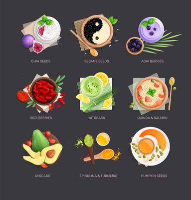 Superfood flat set of isolated top view images of gourmet dishes with vegetables and text captions vector illustration