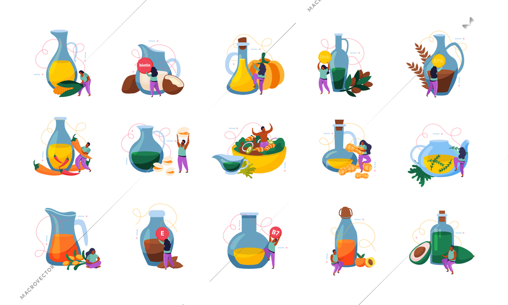 Food oils flat recolor set with isolated icons of oil vials fruits vegetables and human characters vector illustration
