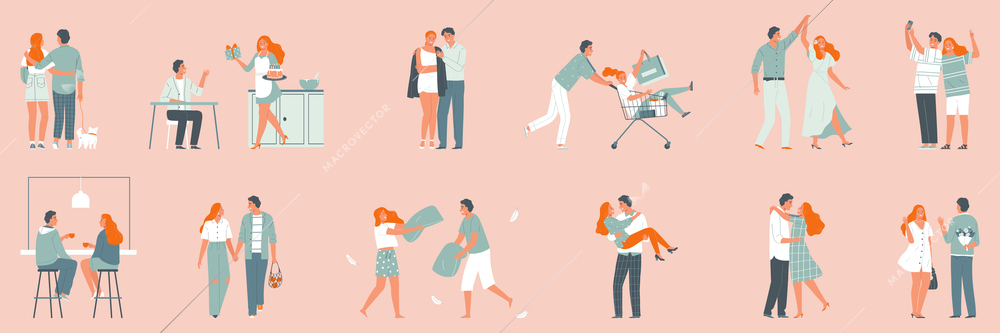 Couple in love color set of isolated icons with human characters of loving man and woman vector illustration