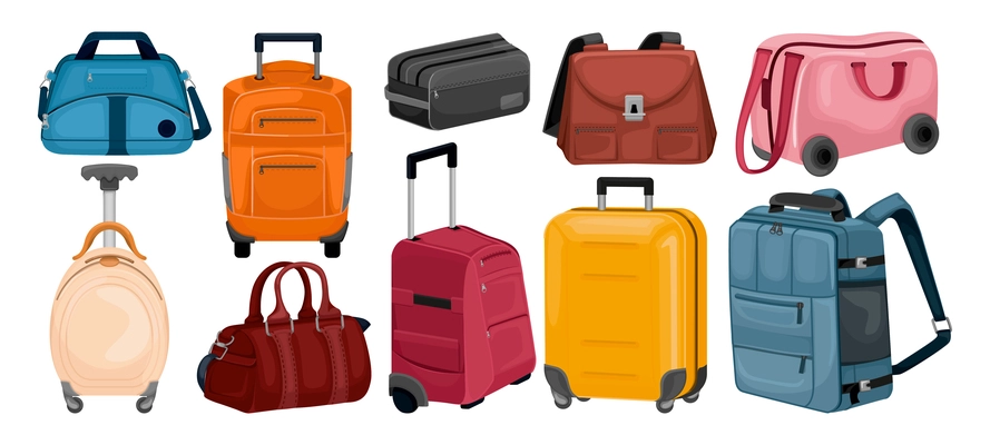 Color flat set of trip bags and touristic suitcases on wheels  on white background isolated vector illustration