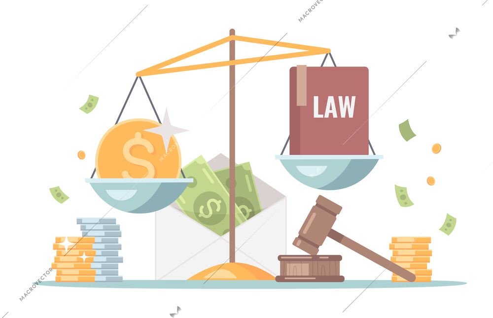 Corruption cartoon composition with law book and bribe money on justice balance judges gavel background vector illustration