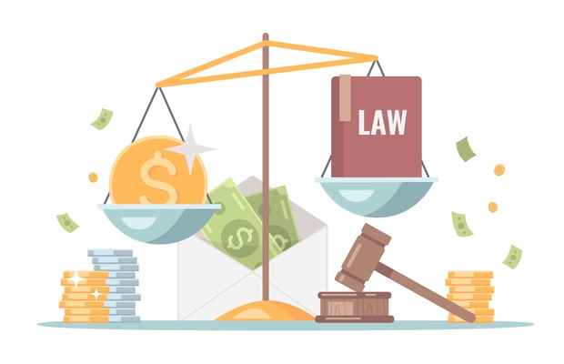 Corruption cartoon composition with law book and bribe money on justice balance judges gavel background vector illustration