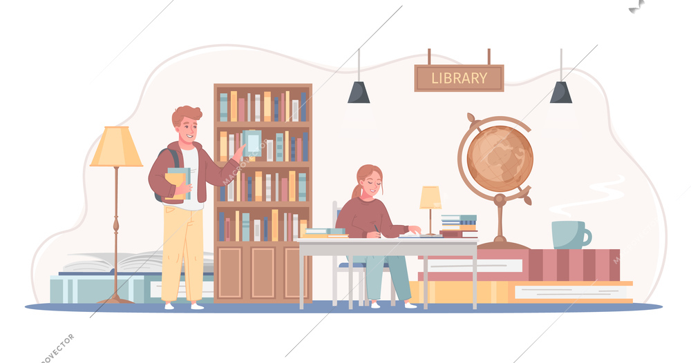 College university library as self study place cartoon composition students choosing textbooks reading writing notes vector illustration