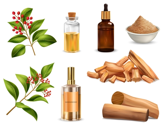 Sandalwood sticks powder flowers and bottles of perfume and essential oil realistic set isolated on white background vector illustration