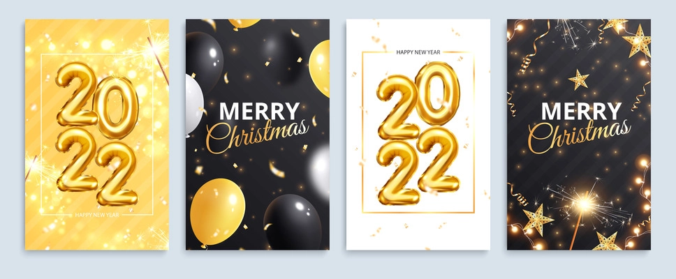 Four 2022 new year and christmas cards set with balloons and holiday decorations isolated realistic vector illustration