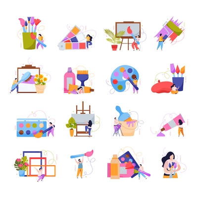 International artists day flat icons demonstrated tools and materials for painting so as brushes gouache watercolor pastel isolated vector illustration