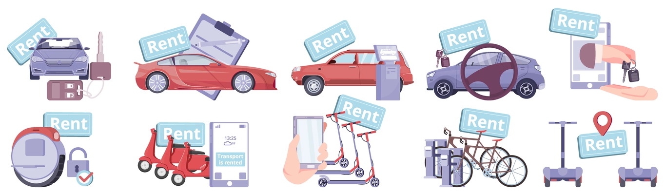 Set of isolated transport sharing flat icons with text tags and images of cars and scooters vector illustration