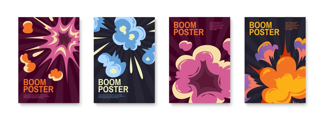 Cartoon set of four vertical boom effect posters with bomb explosion bang clouds isolated vector illustration