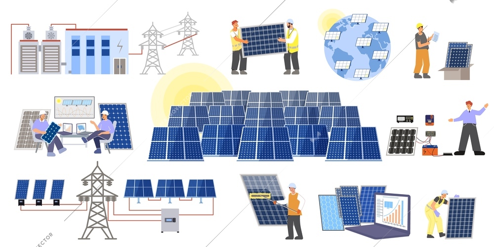 Solar plant set of isolated icons with flat images of power lines rows of photovoltaic panels vector illustration