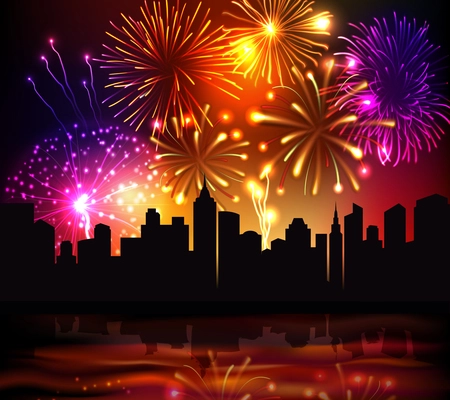 Bright festive fireworks with modern city skyscrapers at night background vector illustration