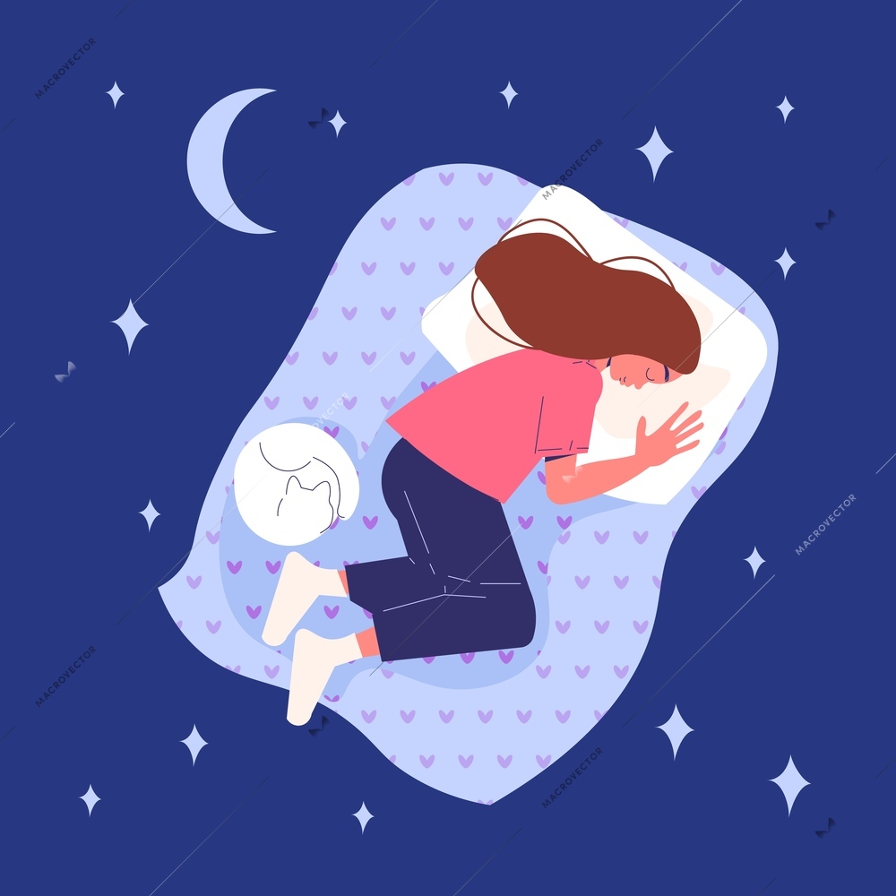 Healthy sleep poses concept with night symbols flat vector illustration