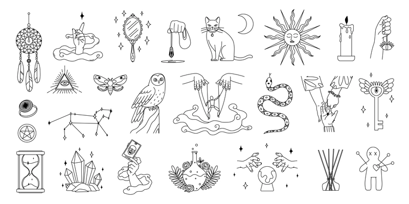 Mystic boho set of isolated monochrome icons of occult signs human hands jars and totem animals vector illustration